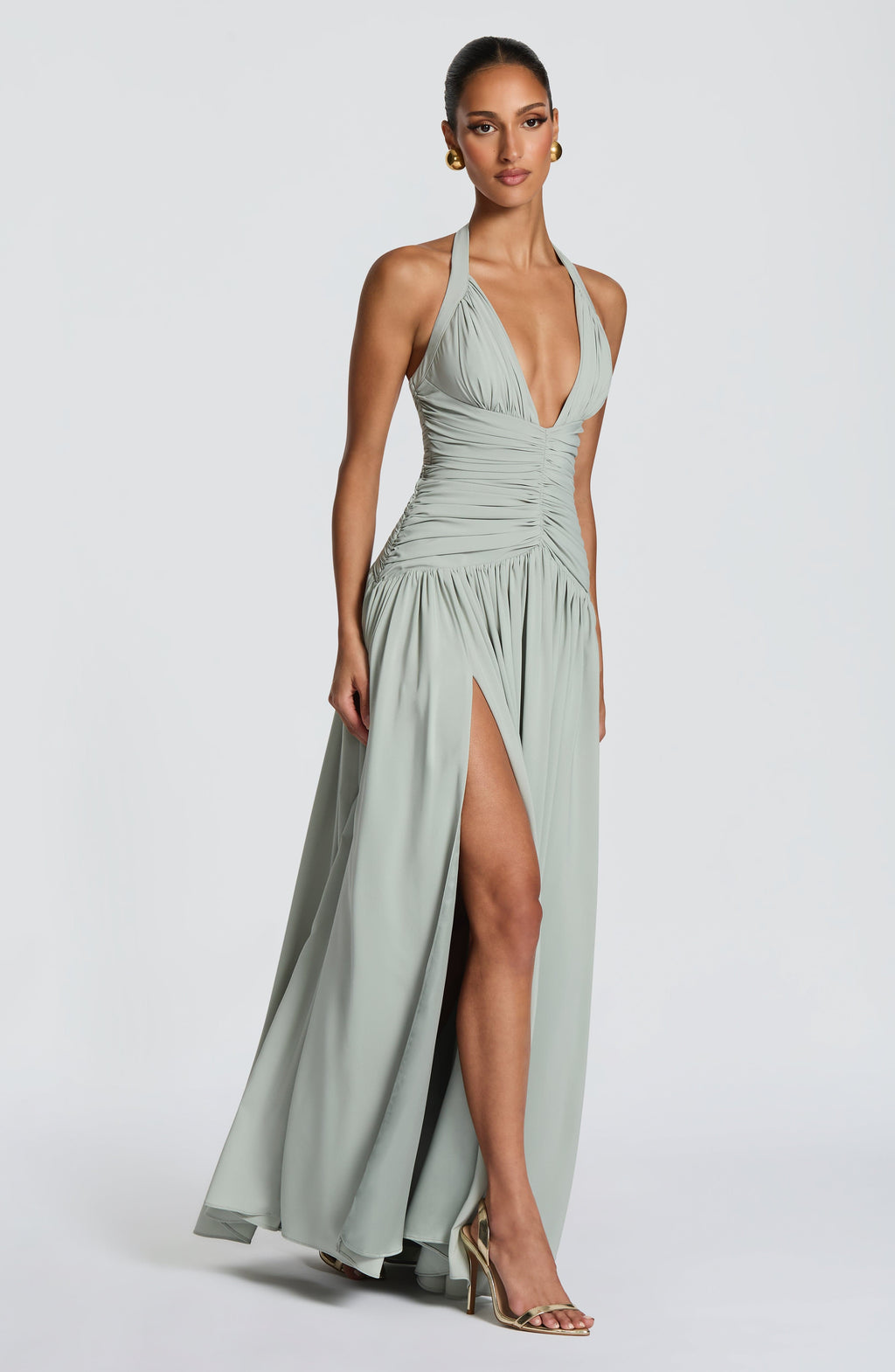 Honora | Damen Satin-Maxikleid mit Beinschlitz – Salbeigrün