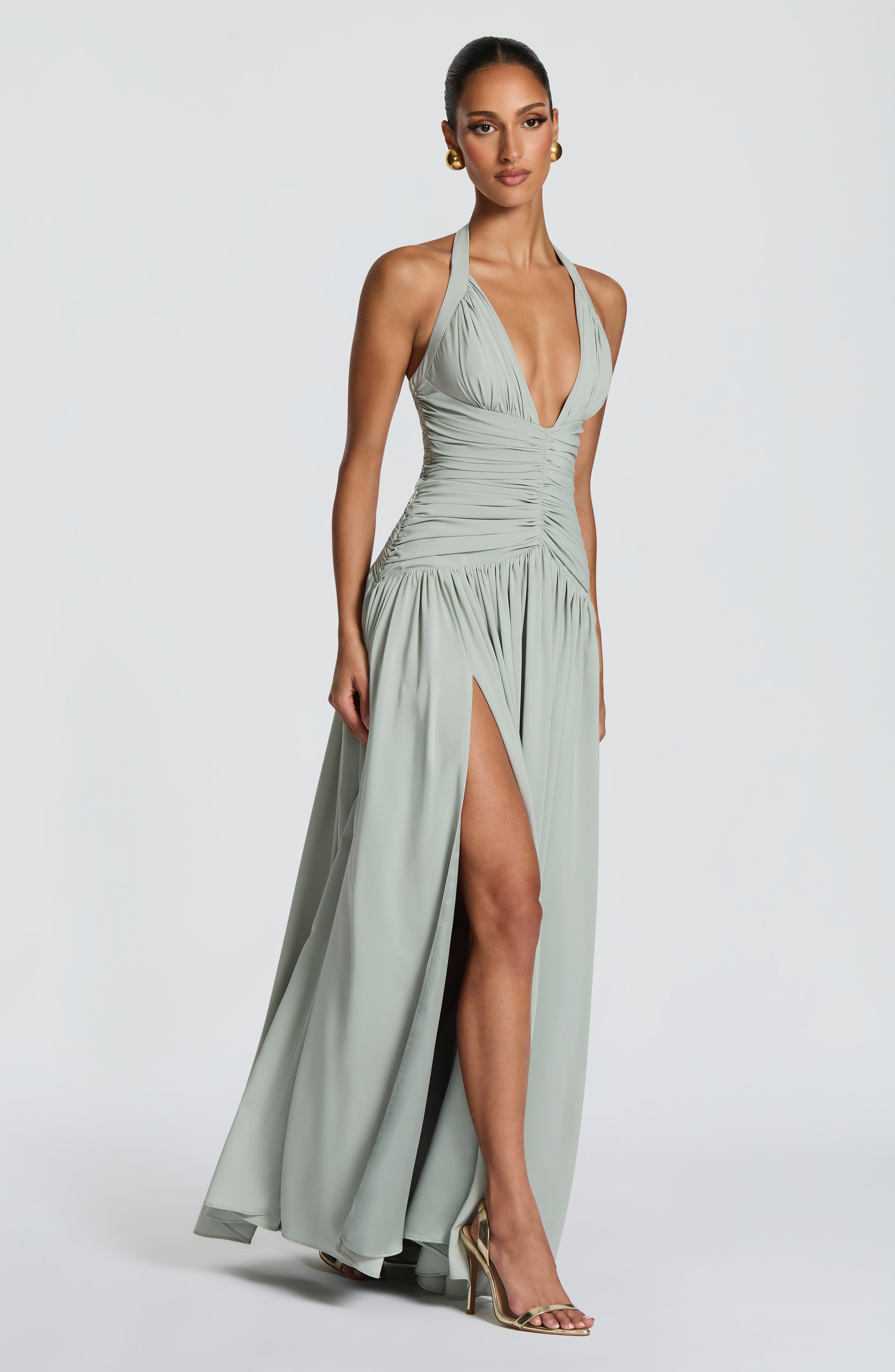 Honora | Damen Satin-Maxikleid mit Beinschlitz – Salbeigrün