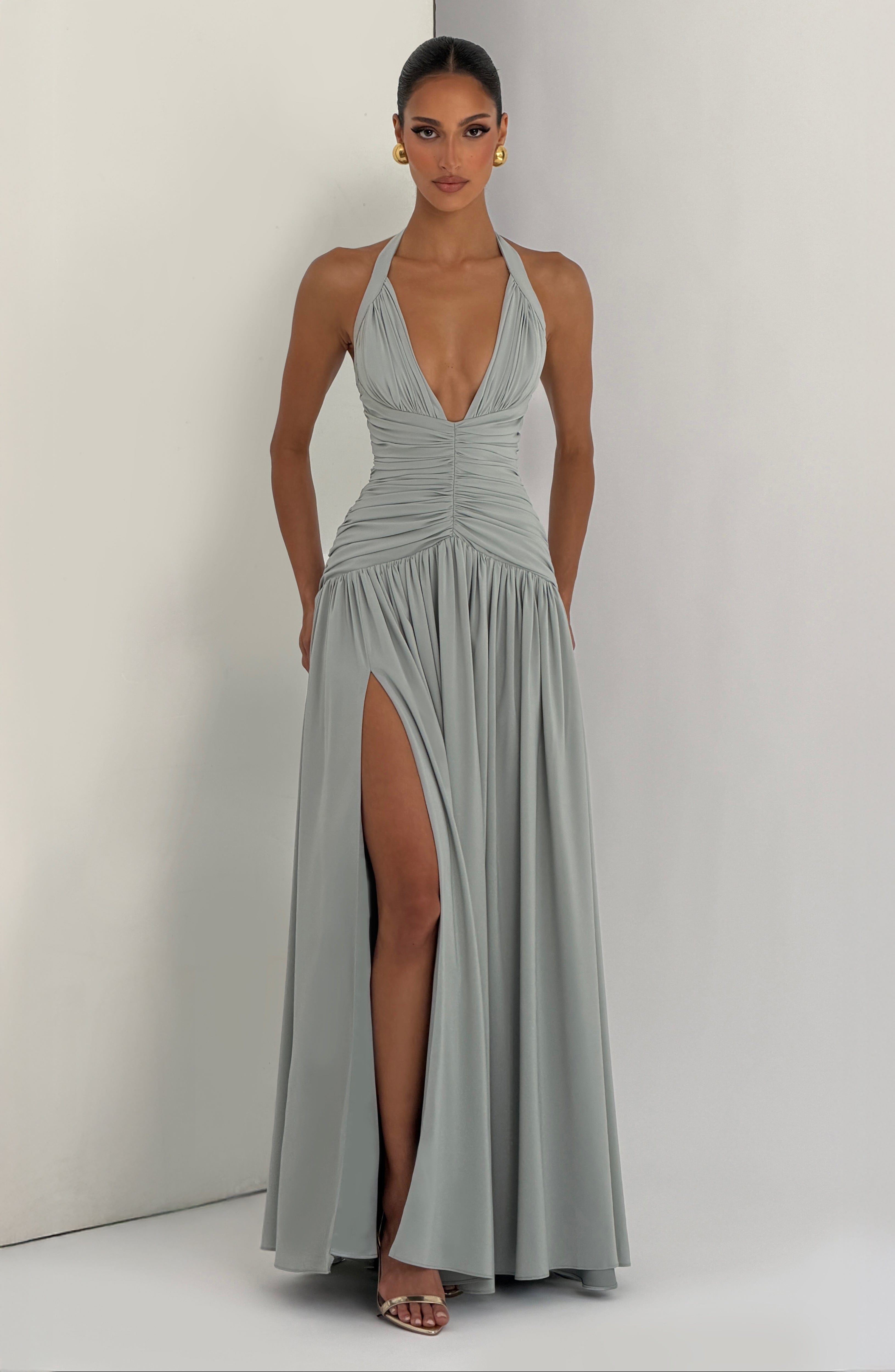 Honora | Damen Satin-Maxikleid mit Beinschlitz – Salbeigrün