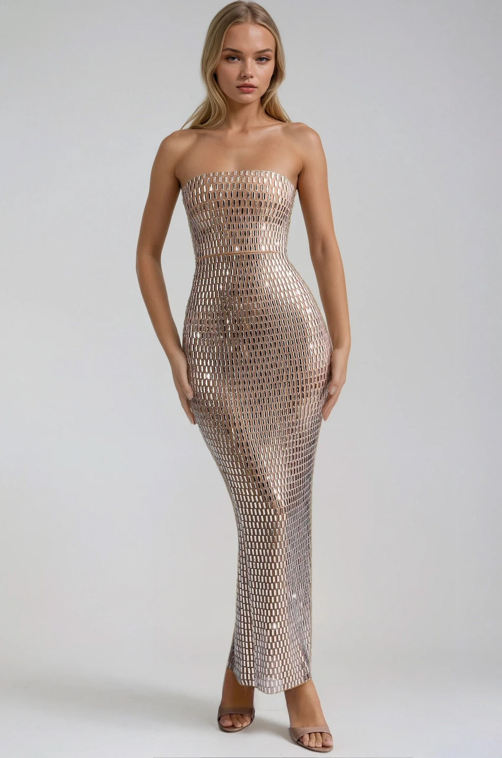 Damen Ballkleid mit Trägerlosem Schnitt und Glitzerverzierung