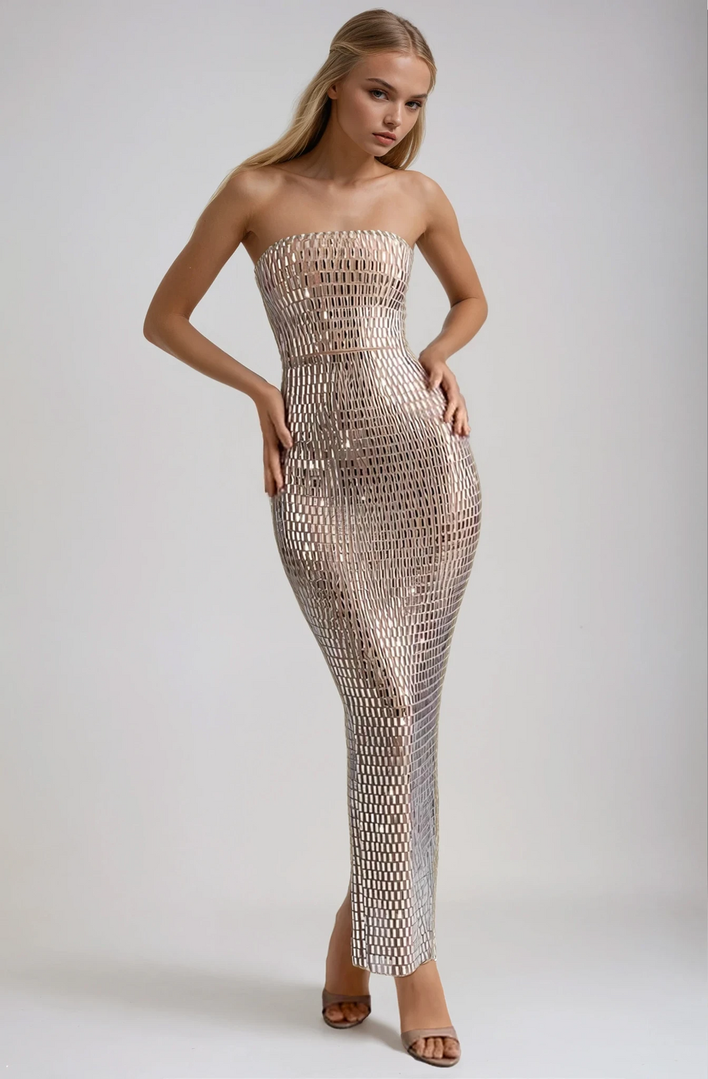 Damen Ballkleid mit Trägerlosem Schnitt und Glitzerverzierung