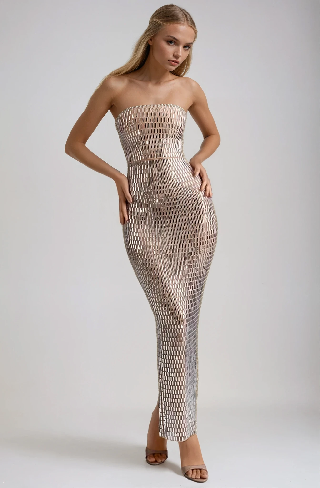 Damen Ballkleid mit Trägerlosem Schnitt und Glitzerverzierung