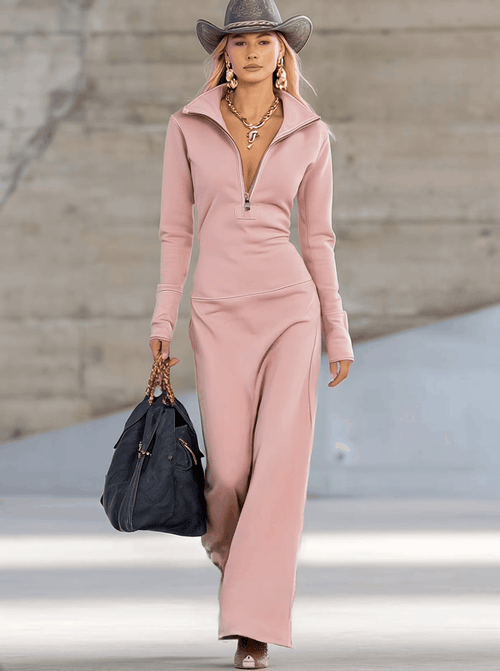 Beatrice | Damen Rosa Kapuzen Maxikleid Langarm