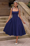 Cosima | Damen Fließendes Midikleid mit Karree-Ausschnitt – Dunkelblau