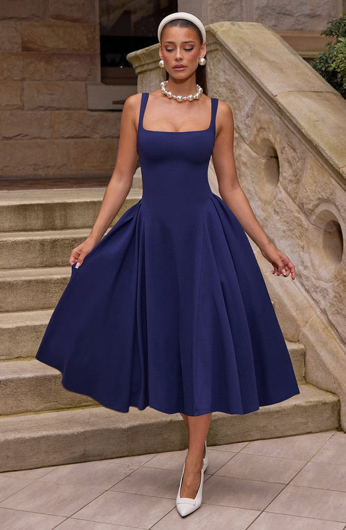 Cosima | Damen Fließendes Midikleid mit Karree-Ausschnitt – Dunkelblau