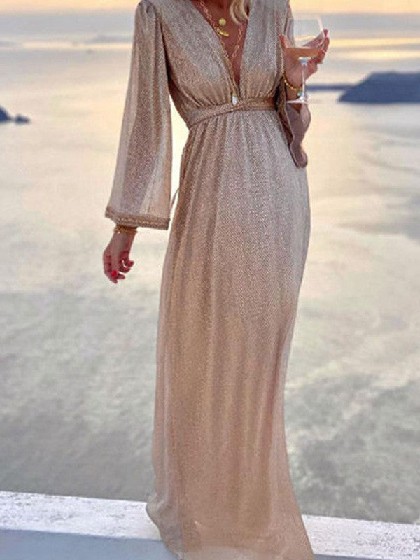 Brigitte | Damen Langarm V-Ausschnitt Maxikleid