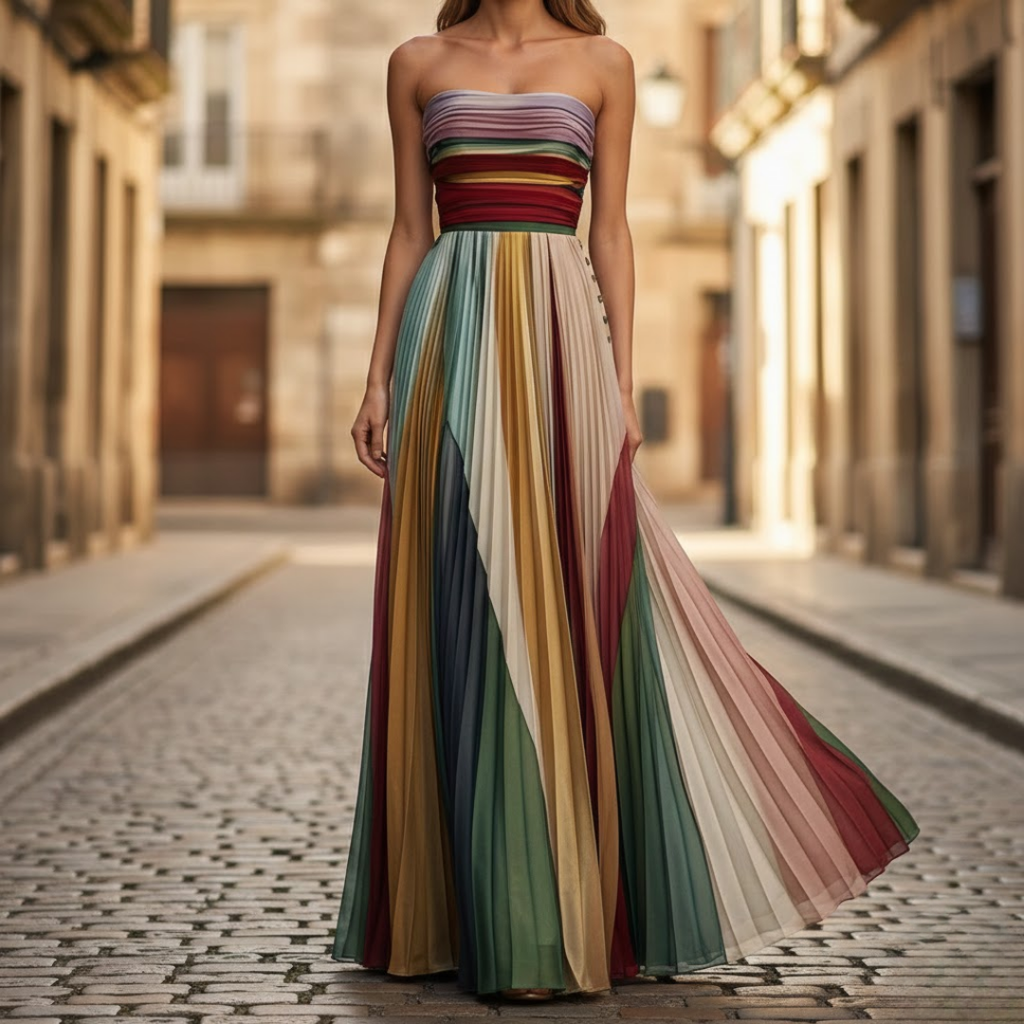 Calanthe | Damen Trägerloses Plissee Maxikleid