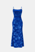 Cocktailkleid Damen Maxi mit Wasserfallausschnitt Spaghettraegern und floralem Muster