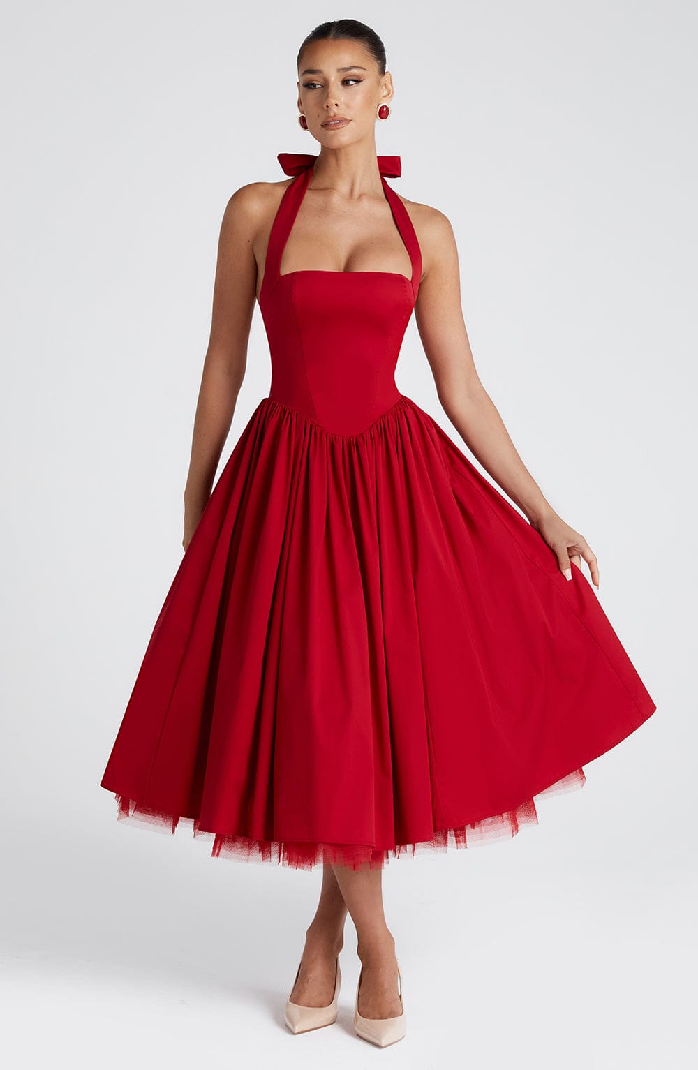 Nerina | Damen Fließendes Midikleid mit Karree-Ausschnitt – Rot