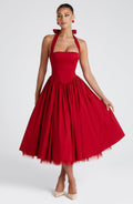 Nerina | Damen Fließendes Midikleid mit Karree-Ausschnitt – Rot