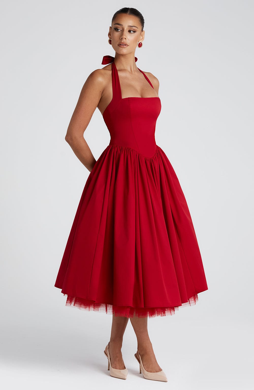 Nerina | Damen Fließendes Midikleid mit Karree-Ausschnitt – Rot