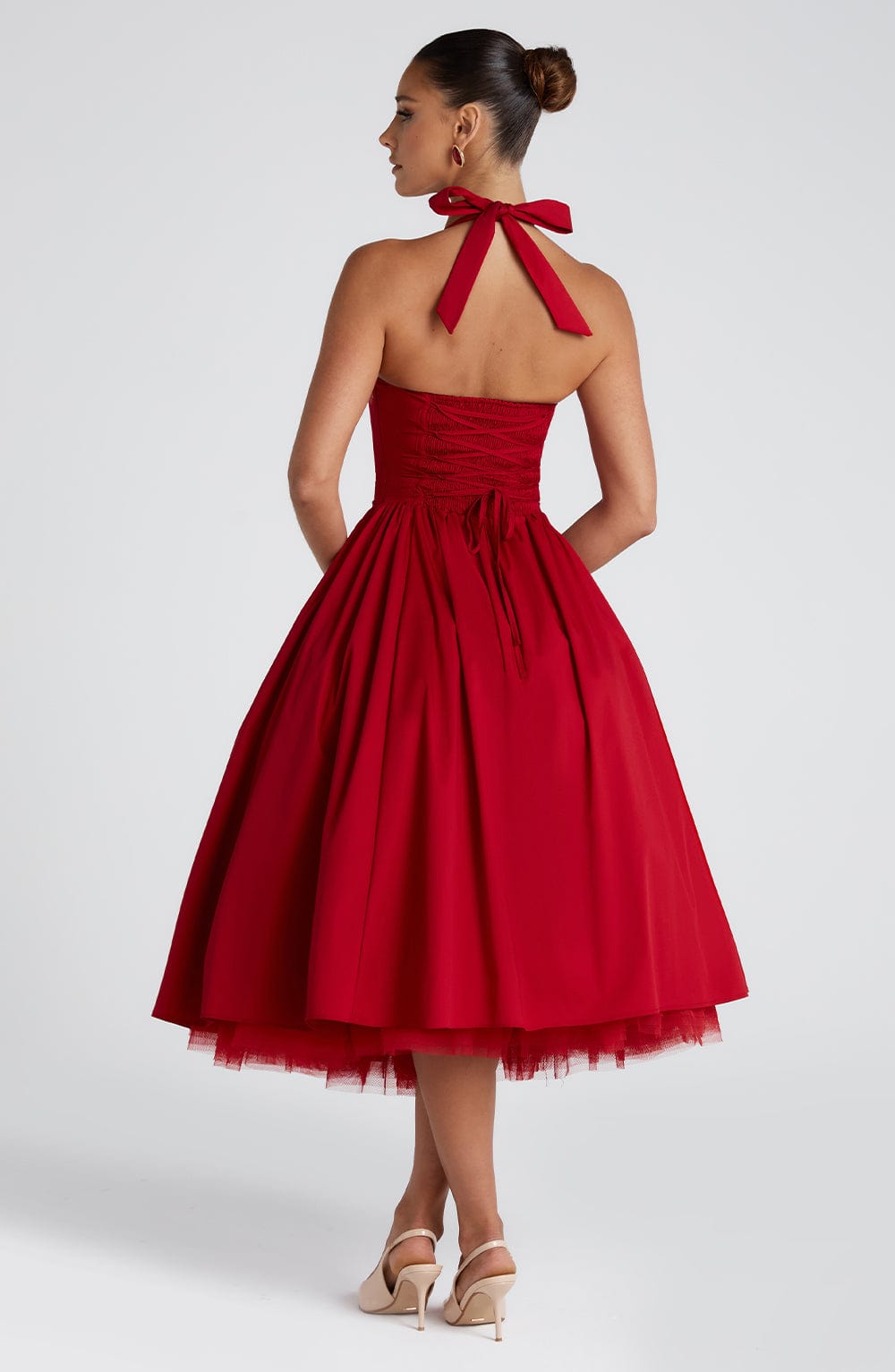 Nerina | Damen Fließendes Midikleid mit Karree-Ausschnitt – Rot