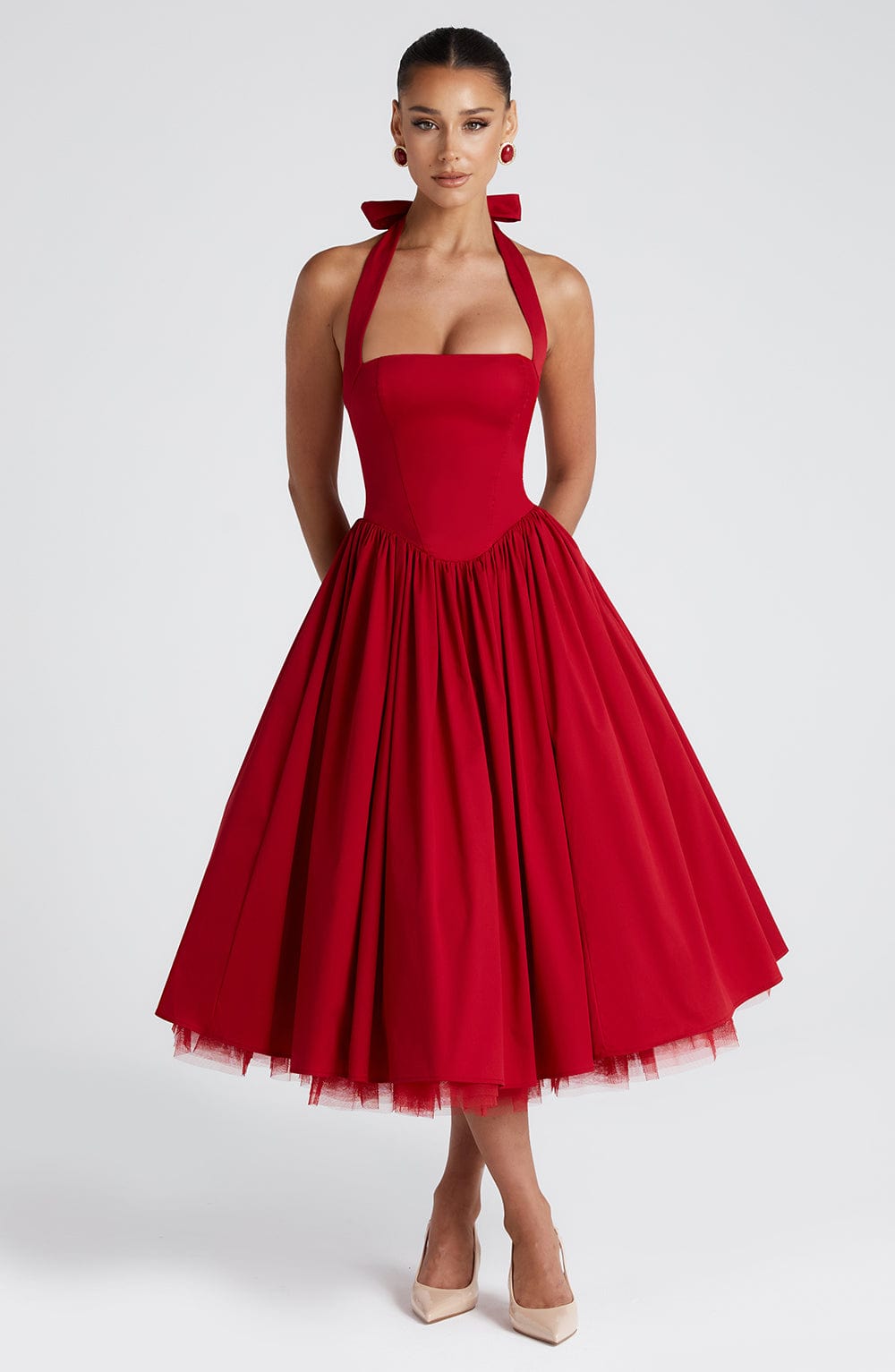 Nerina | Damen Fließendes Midikleid mit Karree-Ausschnitt – Rot