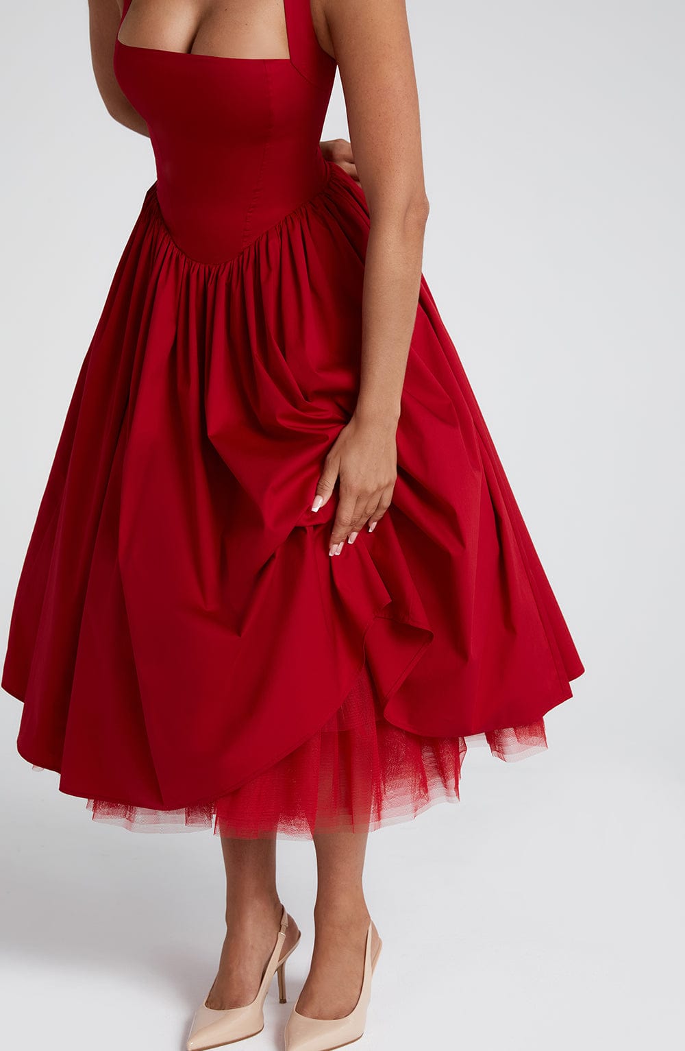 Nerina | Damen Fließendes Midikleid mit Karree-Ausschnitt – Rot