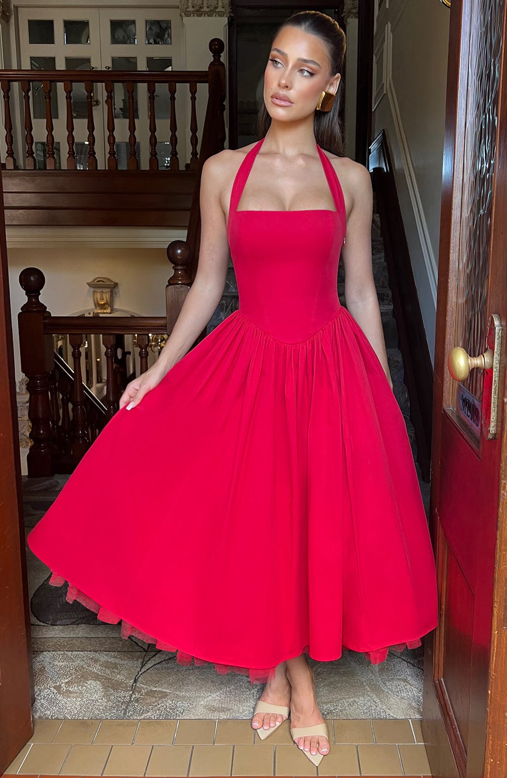 Nerina | Damen Fließendes Midikleid mit Karree-Ausschnitt – Rot