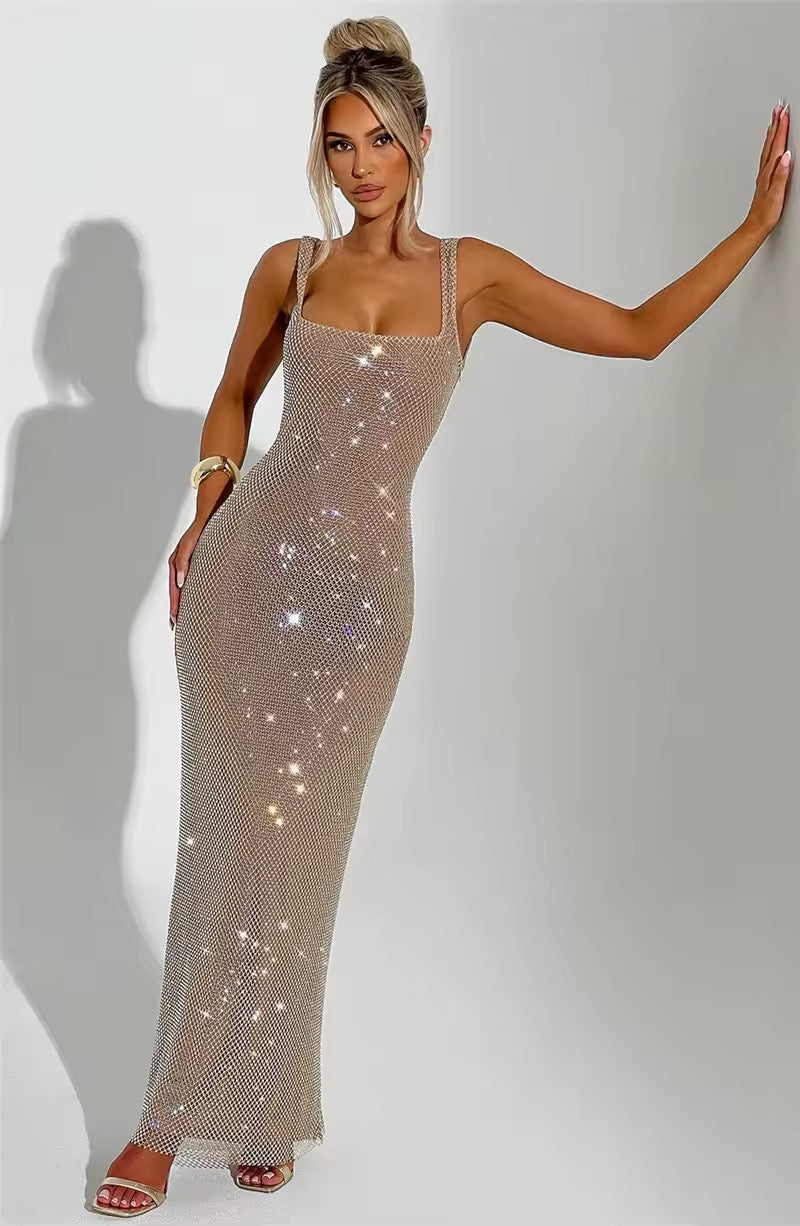 Damen Ärmelloses Maxikleid mit Karree-Ausschnitt und Glitzer-Netzstruktur