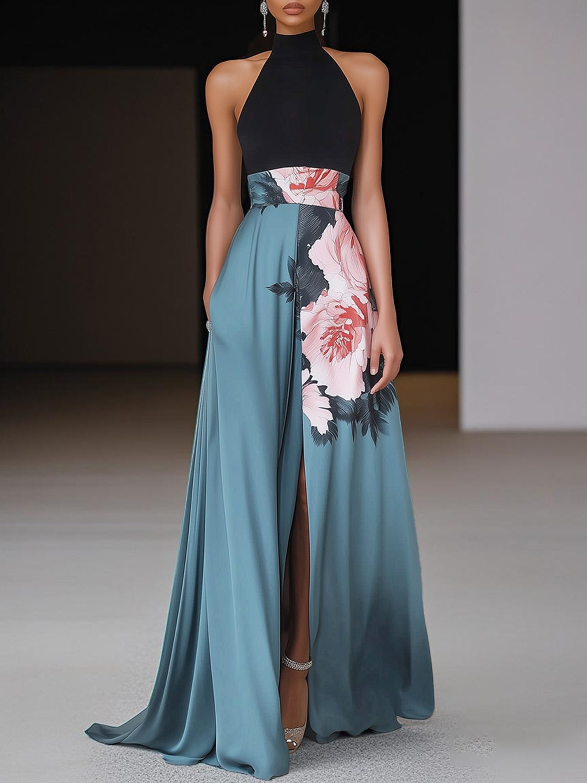 Damen Ärmelloses Maxikleid mit Neckholder-Kragen und Blumenmuster mit Seitenschlitz