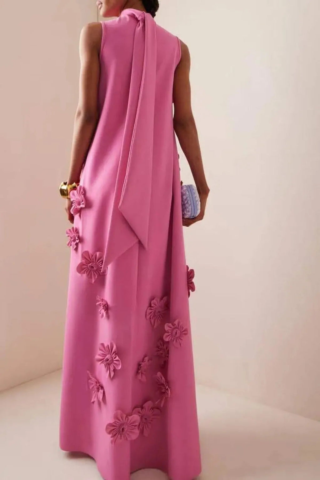 Damen Ärmelloses Maxikleid mit Stehkragen Blumenapplikationen und Nackenschleife