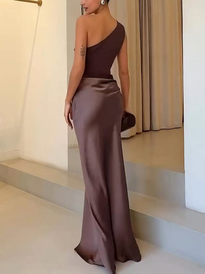 Damen Asymmetrisches Maxikleid mit Einschulterträger und Drapiertem Oberteil und Hüftraffung