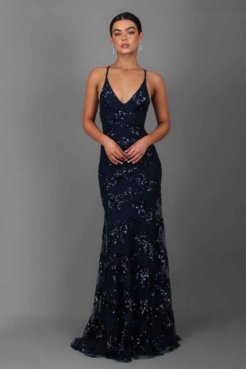 Damen Bodenlanges Kleid mit V-Ausschnitt Spaghettiträgern und Paillettenbesatz