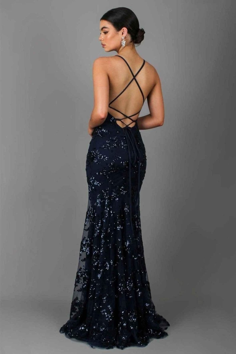 Damen Bodenlanges Kleid mit V-Ausschnitt Spaghettiträgern und Paillettenbesatz