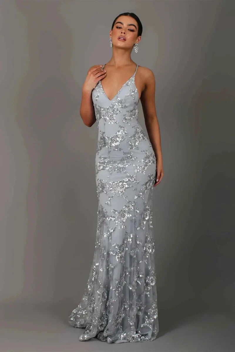 Damen Bodenlanges Kleid mit V-Ausschnitt Spaghettiträgern und Paillettenbesatz