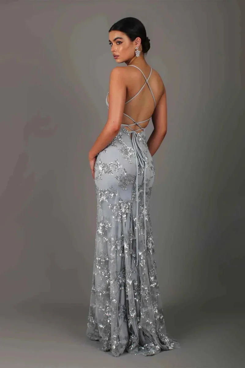 Damen Bodenlanges Kleid mit V-Ausschnitt Spaghettiträgern und Paillettenbesatz