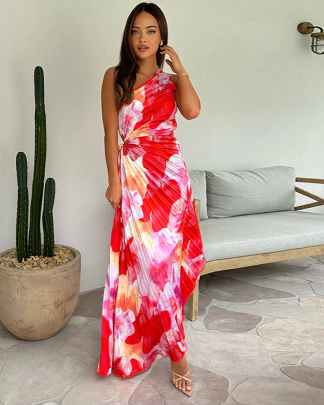 Damen Einschulter-Maxikleid mit Plissee und Asymmetrischem Saum