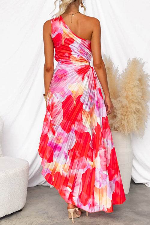 Damen Einschulter-Maxikleid mit Plissee und Asymmetrischem Saum