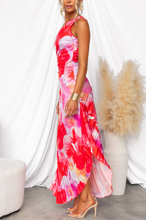 Damen Einschulter-Maxikleid mit Plissee und Asymmetrischem Saum