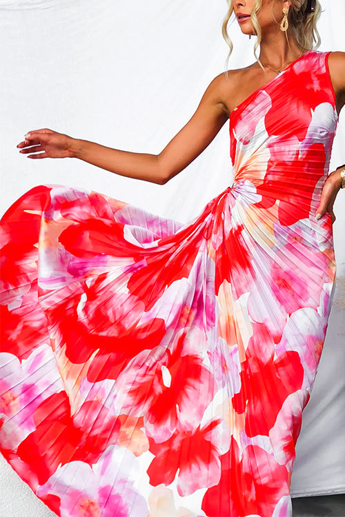 Damen Einschulter-Maxikleid mit Plissee und Asymmetrischem Saum