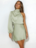 Damen Einschulter-Minikleid mit Langarm und Drapiertem Ausschnitt
