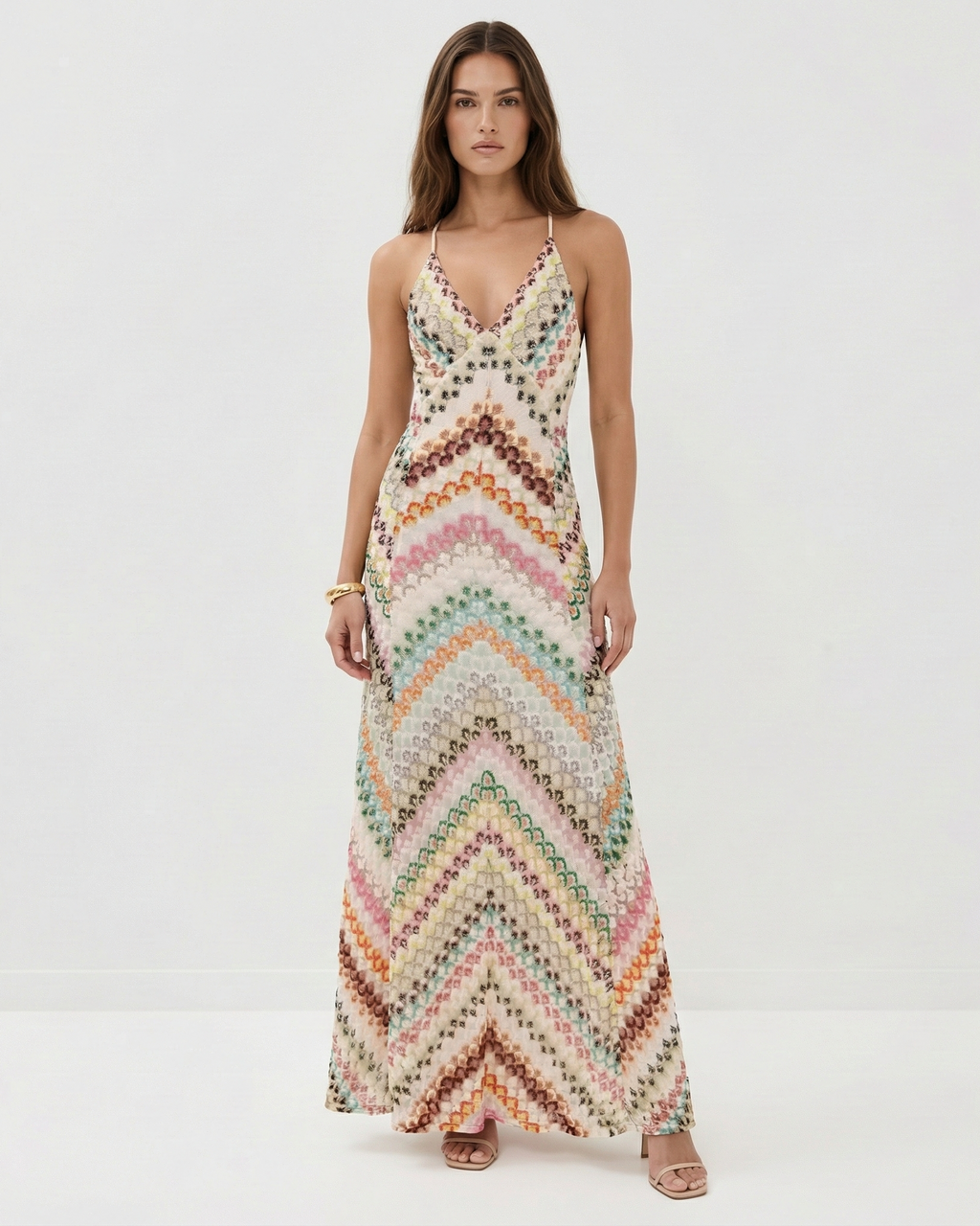 Damen Häkel-Maxikleid mit V-Ausschnitt und offenem Rücken und Spaghettitraegern