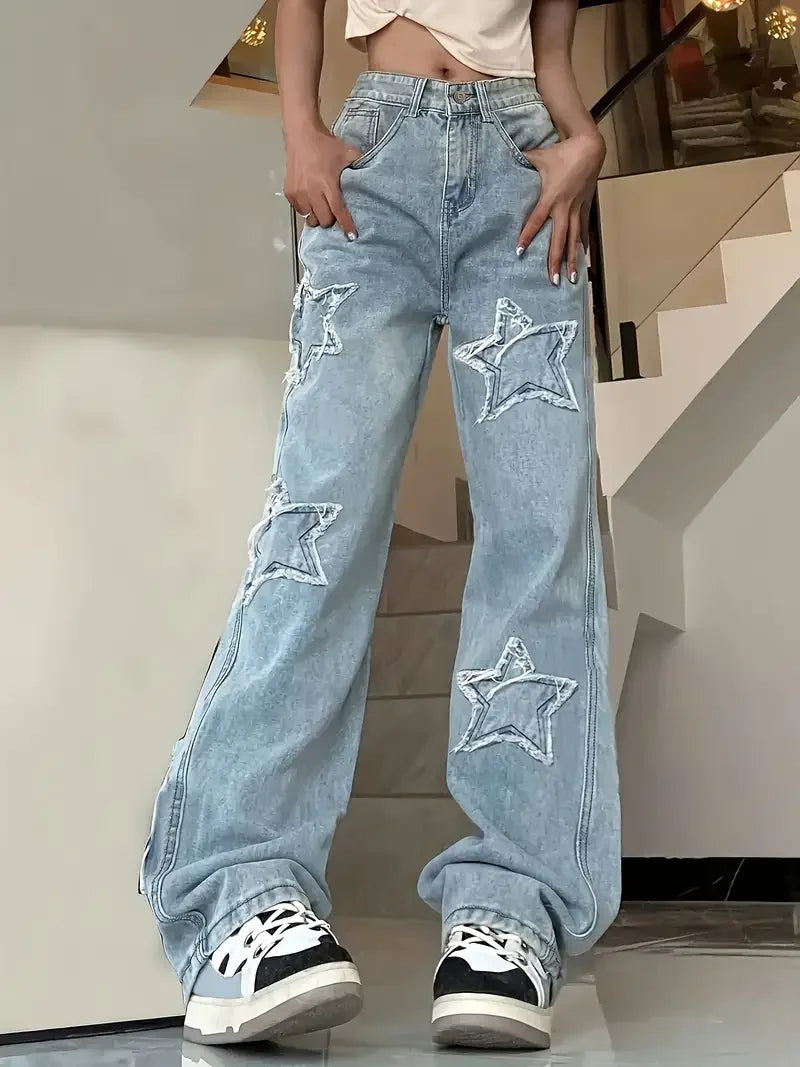 Damen Hose mit hohem Bund und Sternapplikationen