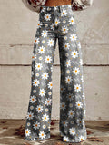 Damen Hose mit weitem Bein Blumenmuster hohem Bund und Knopfverschluss