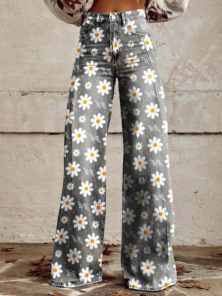 Damen Hose mit weitem Bein Blumenmuster hohem Bund und Knopfverschluss