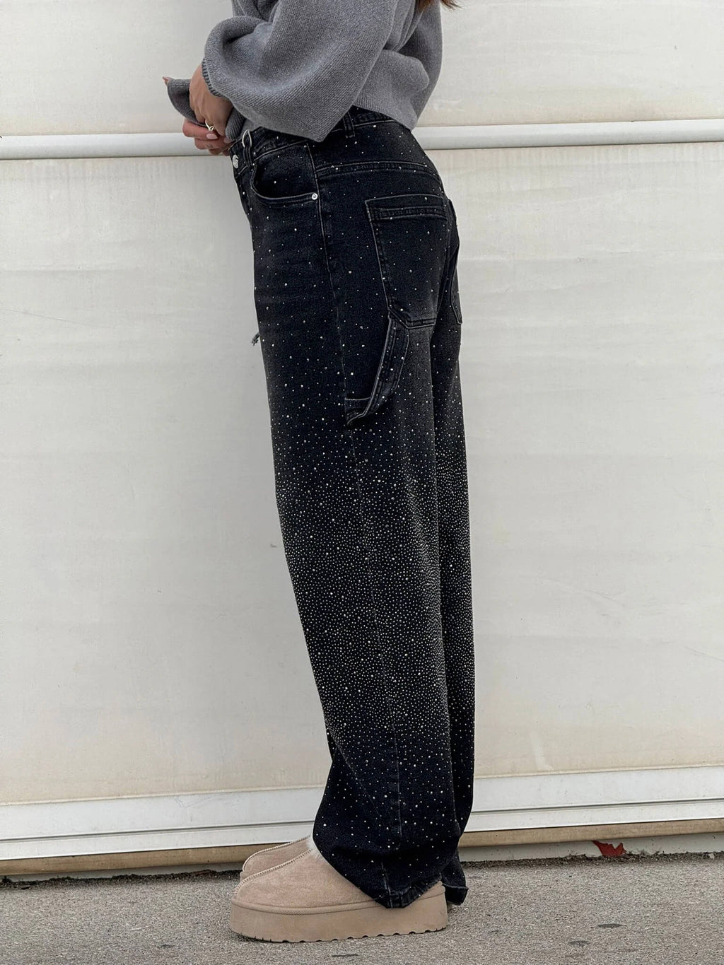 Damen Hose mit weitem Bein Strassbesatz Seitentasche mit Klappe und Knopfverschluss