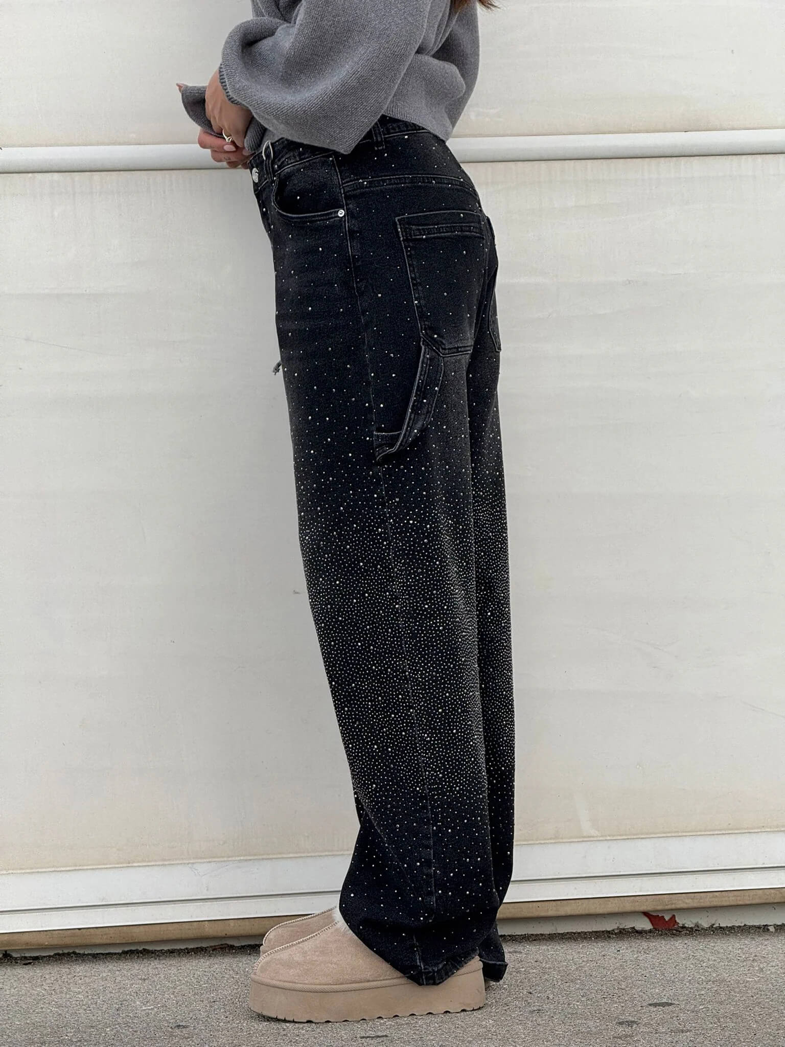 Damen Hose mit weitem Bein Strassbesatz Seitentasche mit Klappe und Knopfverschluss
