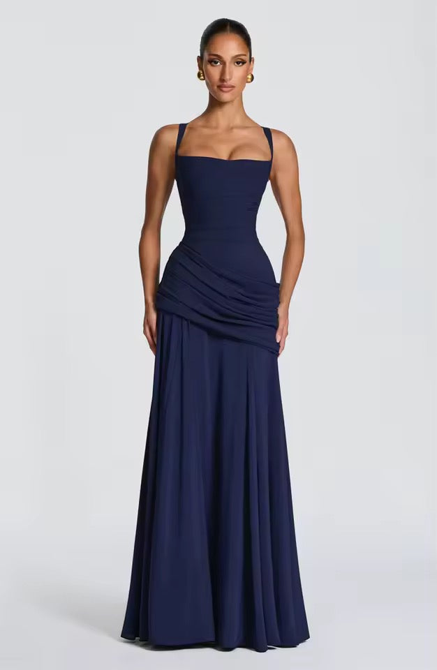 Damen Langes Kleid mit Herzausschnitt gekreuzten Trägern und Raffung an der Hüfte