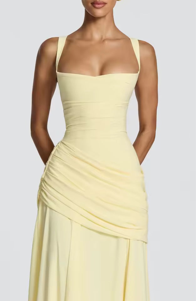 Damen Langes Kleid mit Herzausschnitt gekreuzten Trägern und Raffung an der Hüfte
