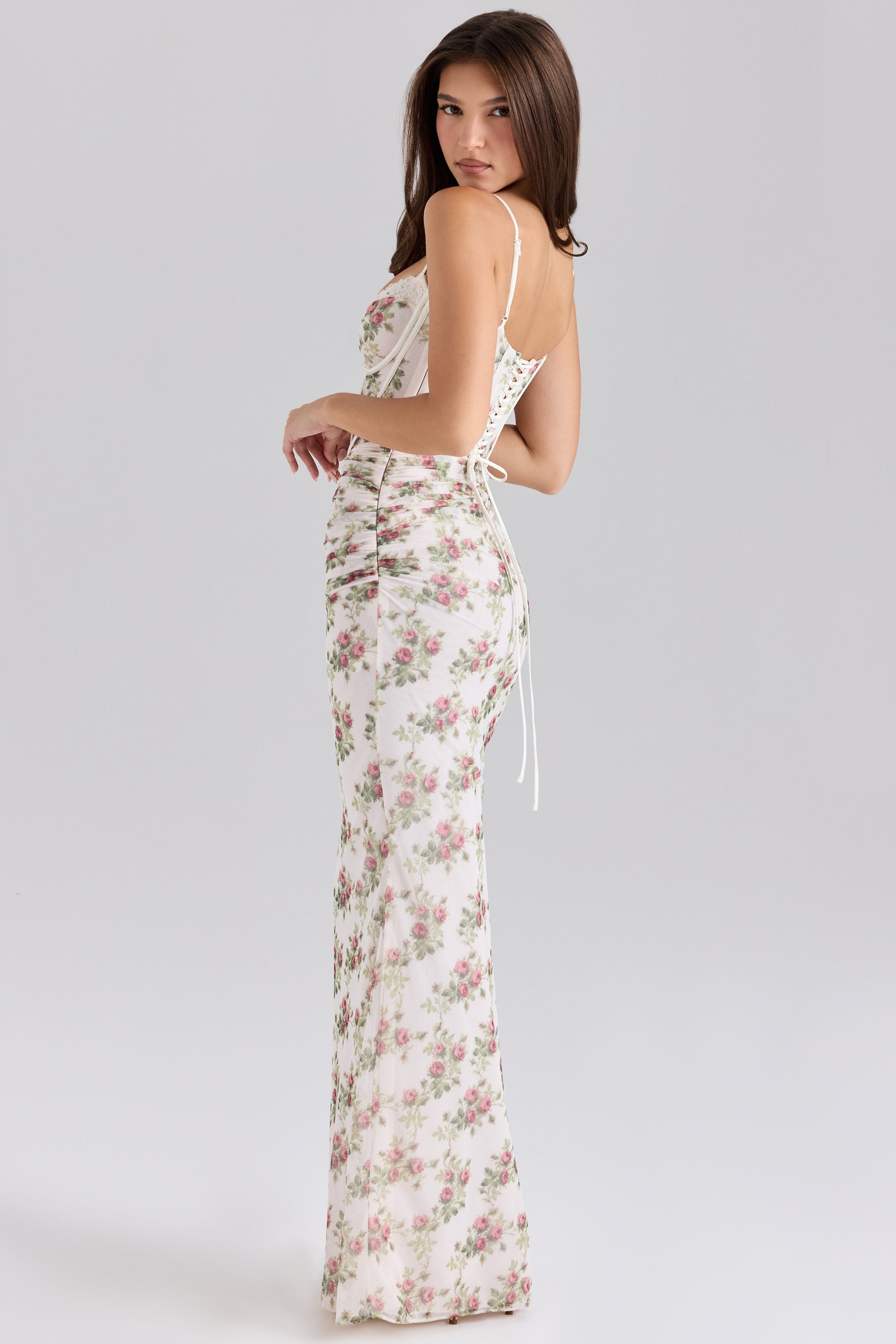 Damen Maxi Kleid mit Herzausschnitt Spaghettiträgern Bindeverschluss und floralem Muster