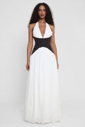Damen Maxi Kleid mit Neckholder Ausschnitt schwarzem Taillenpanel und weißem Plisseerock
