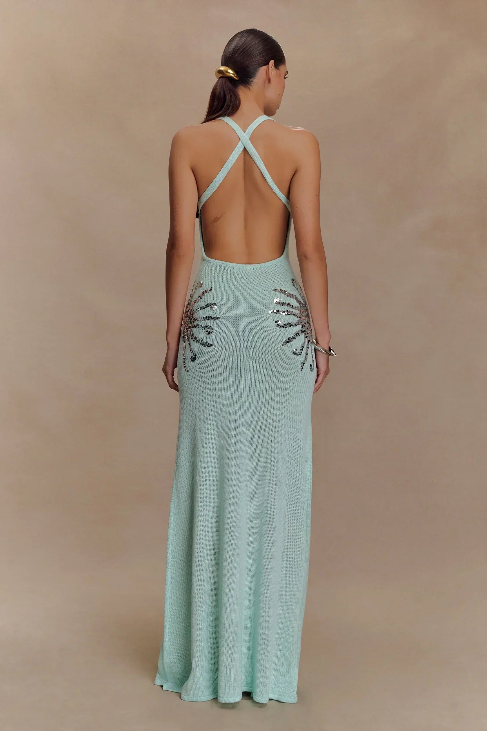 Damen Maxi Kleid mit tiefem V-Ausschnitt und Pailletten Applikationen an den Seiten