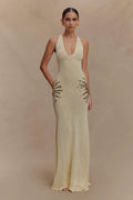 Damen Maxi Kleid mit tiefem V-Ausschnitt und Pailletten Applikationen an den Seiten