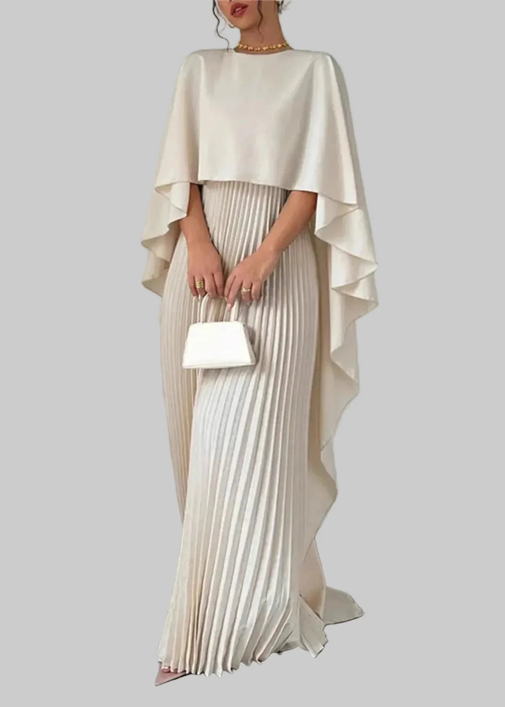 Damen Maxikleid mit Asymmetrischem Cape-Überwurf Plisseerock und Rundhals