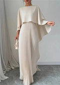 Damen Maxikleid mit Asymmetrischem Cape-Überwurf Plisseerock und Rundhals