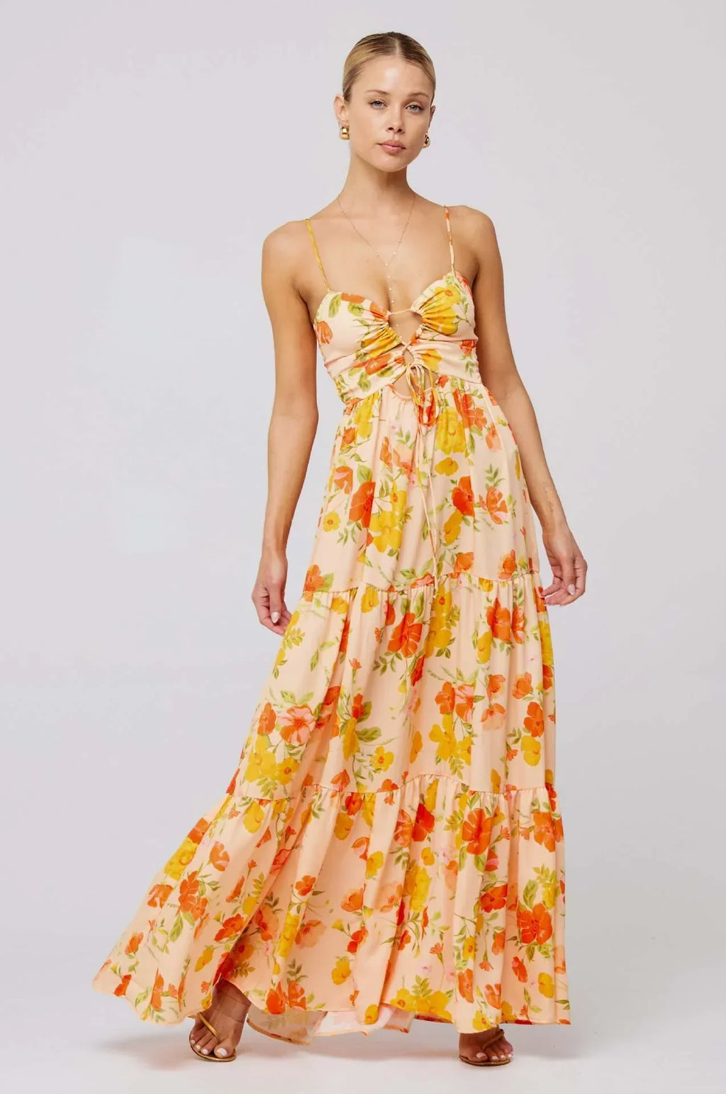 Damen Maxikleid mit Blumenmuster und Aussparungen mit Stufenrock und Spaghettiträgern