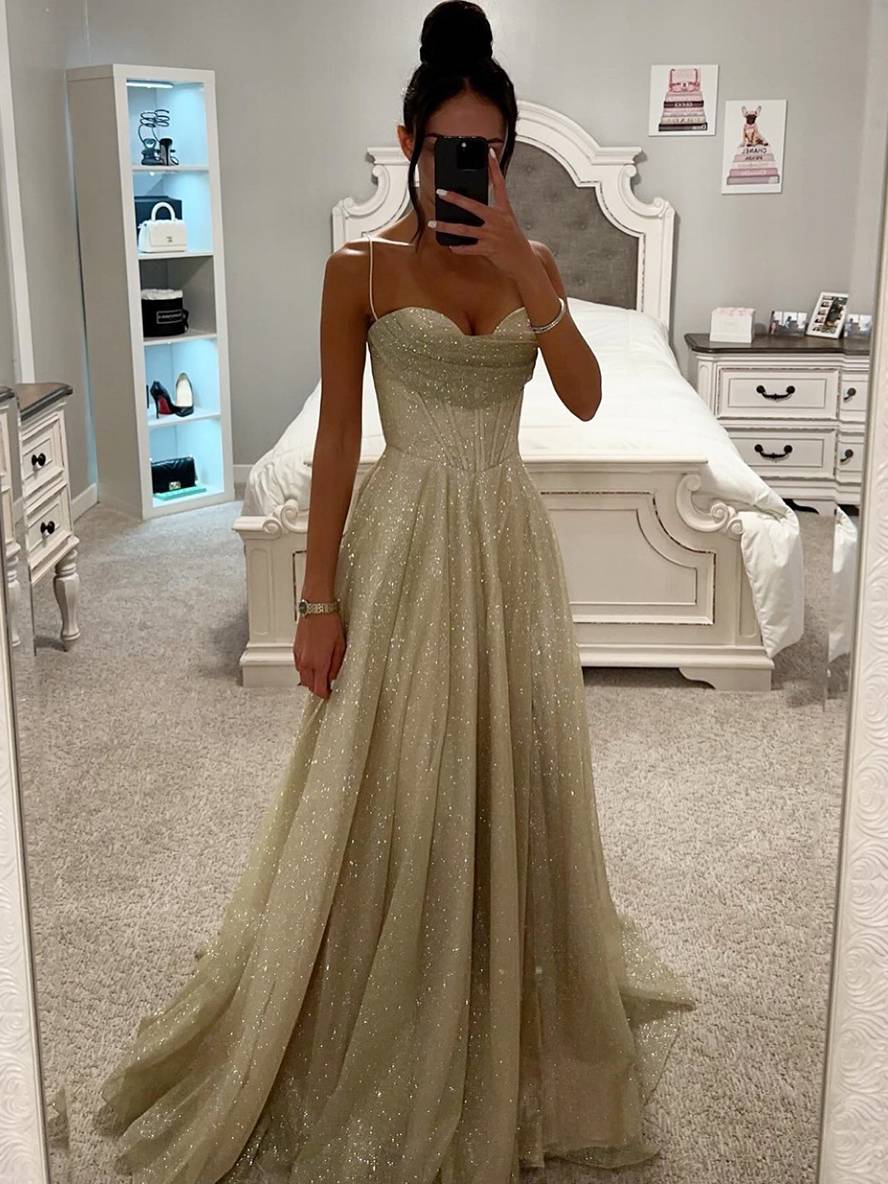 Damen Maxikleid mit Herzausschnitt Spaghettiträgern und glitzerndem Tüllrock