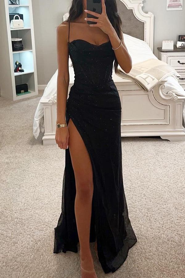 Damen Maxikleid mit Herzausschnitt Spaghettiträgern und hohem Beinschlitz mit Glitzerpartikeln