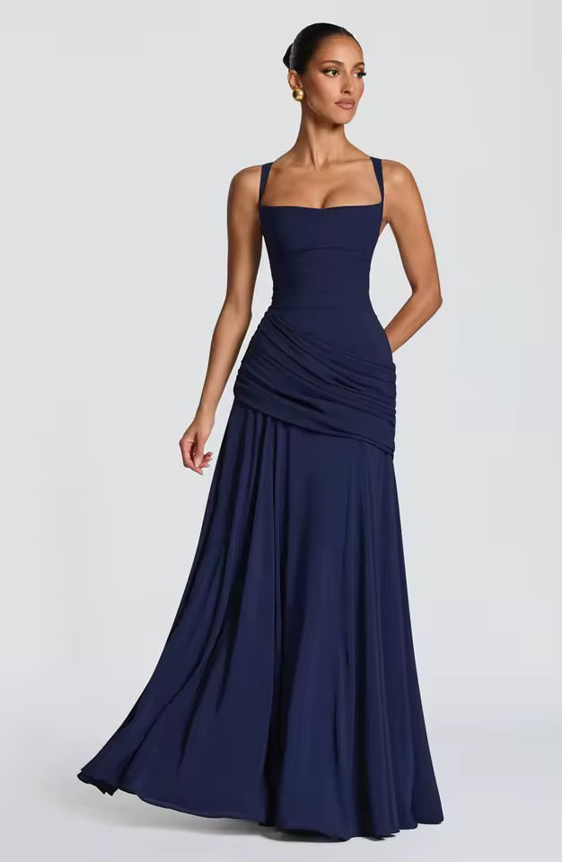 Damen Langes Kleid mit Herzausschnitt gekreuzten Trägern und Raffung an der Hüfte